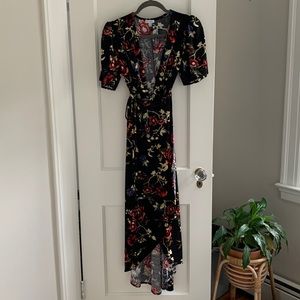 Chic black velvet floral wrap dress